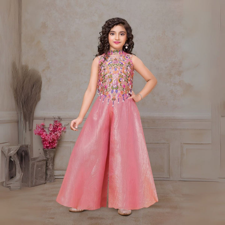 Peach & Pista Girls Palazzo Set with Embroidered Top