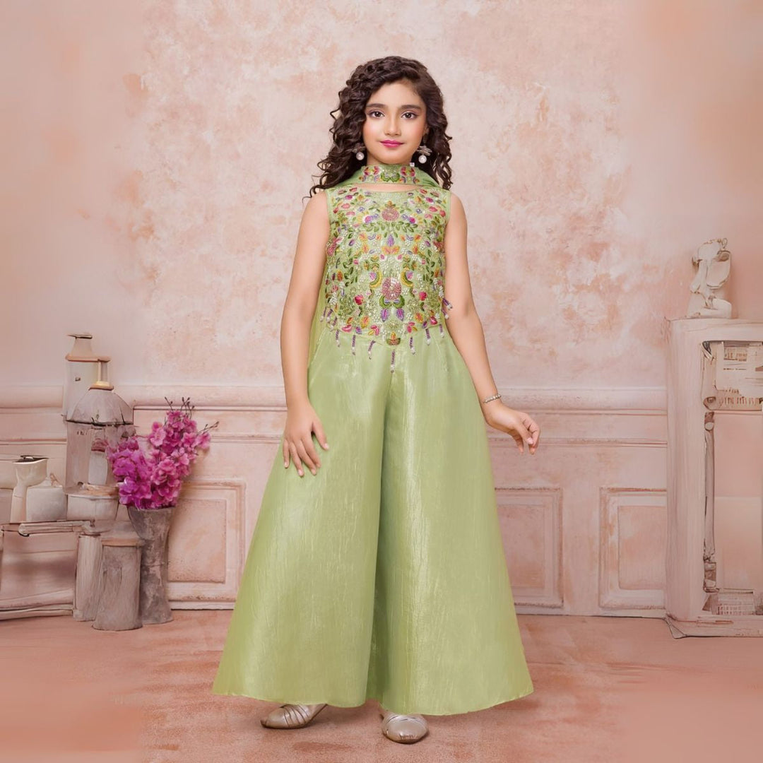 Peach & Pista Girls Palazzo Set with Embroidered Top