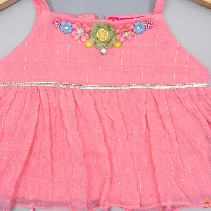Sleeveless Kurti with Sharara Suit for Girls Close Up View 