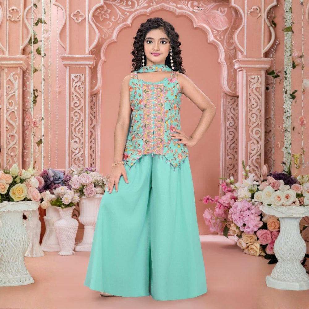 Cream Floral Print Girls Palazzo Suit