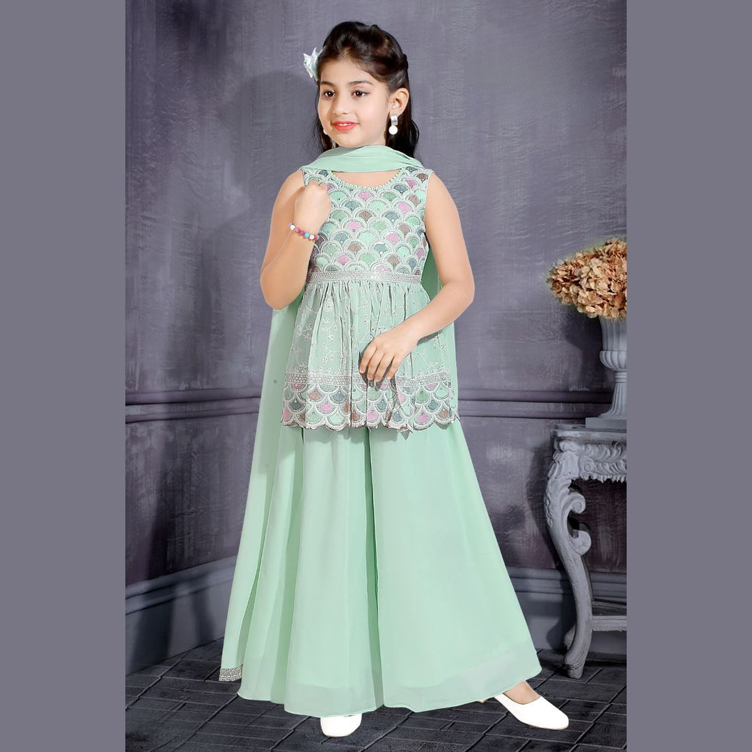 Pista & Cream Sequin Work Girls Palazzo Suit Front 