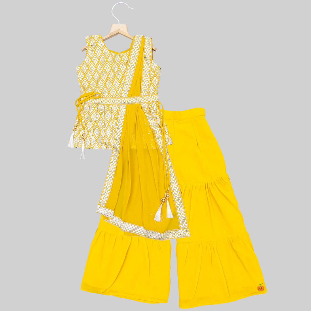 Mustard Peplum Top and Sharara Suit for Girls Front View