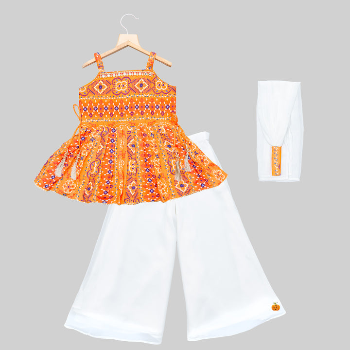 Orange Bandhej Pattern Peplum Girls Palazzo Suit Front 