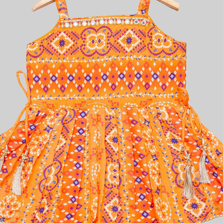 Orange Bandhej Pattern Peplum Girls Palazzo Suit Close Up 