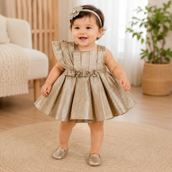 Girls Gold Partywear Frock with Floral Waist Detail
