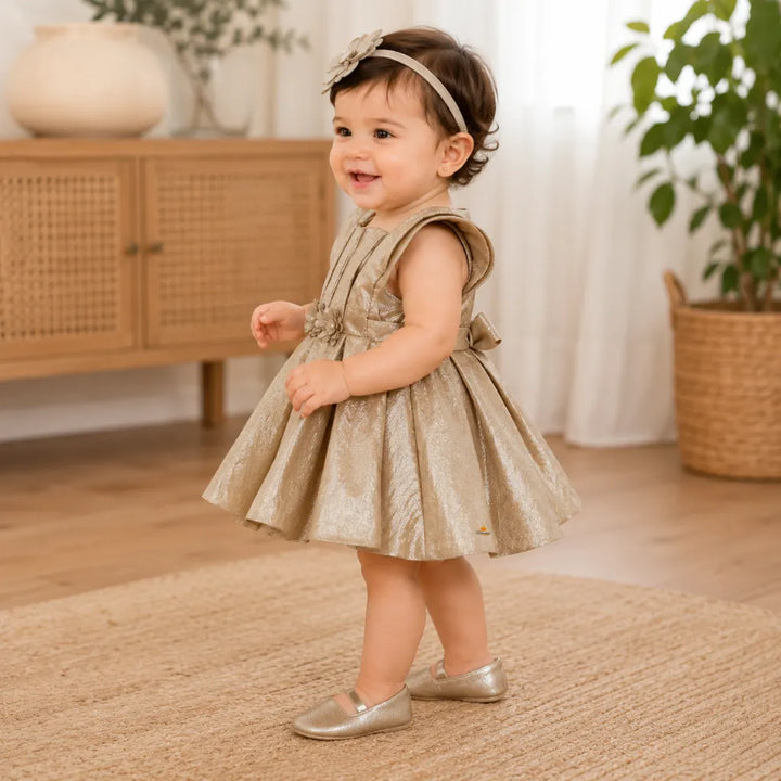 Girls Gold Partywear Frock with Floral Waist Detail