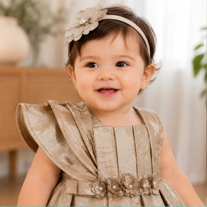 Girls Gold Partywear Frock with Floral Waist Detail