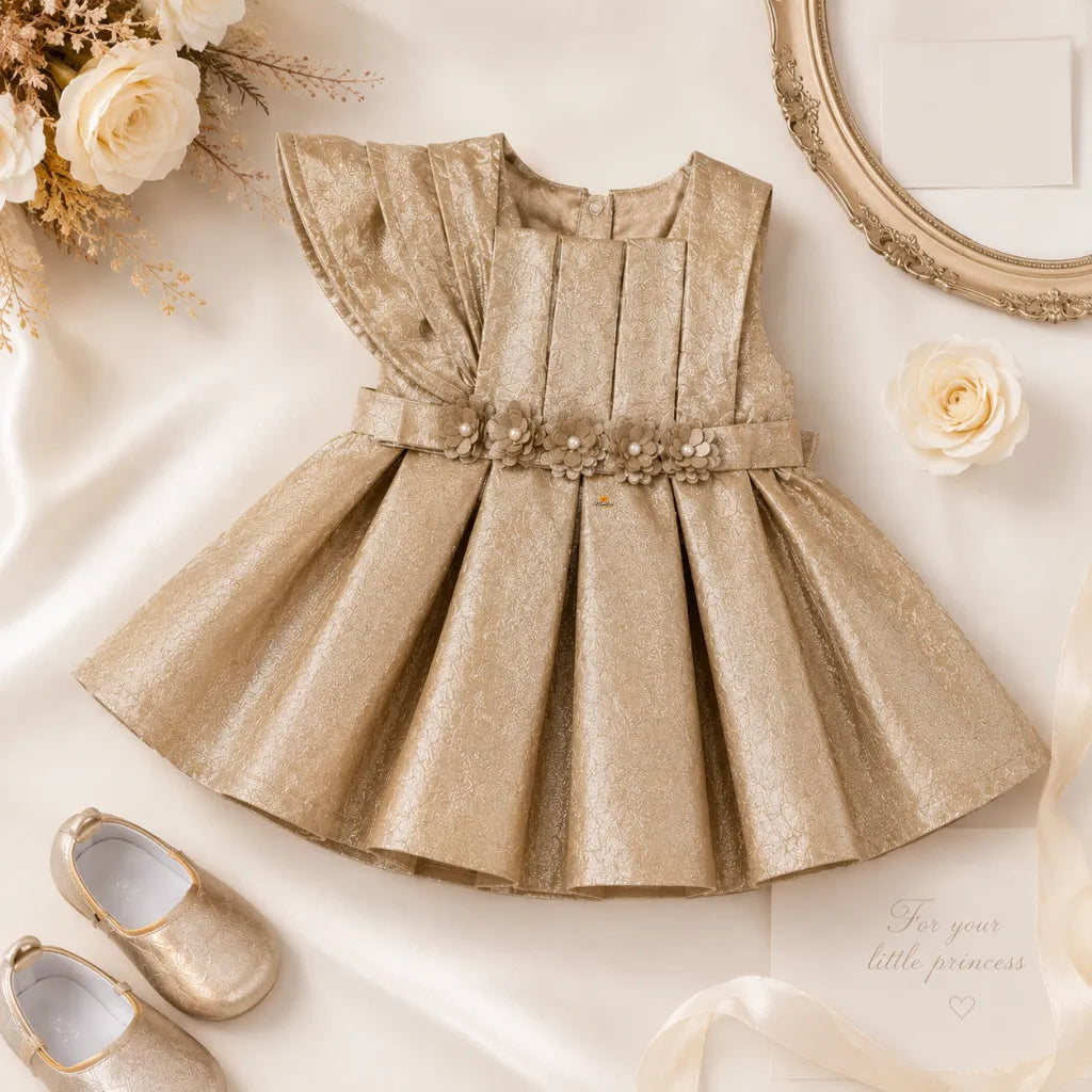 Girls Gold Partywear Frock with Floral Waist Detail