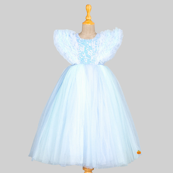 Turquoise Ruffled Sleeves Girls Gown Front View