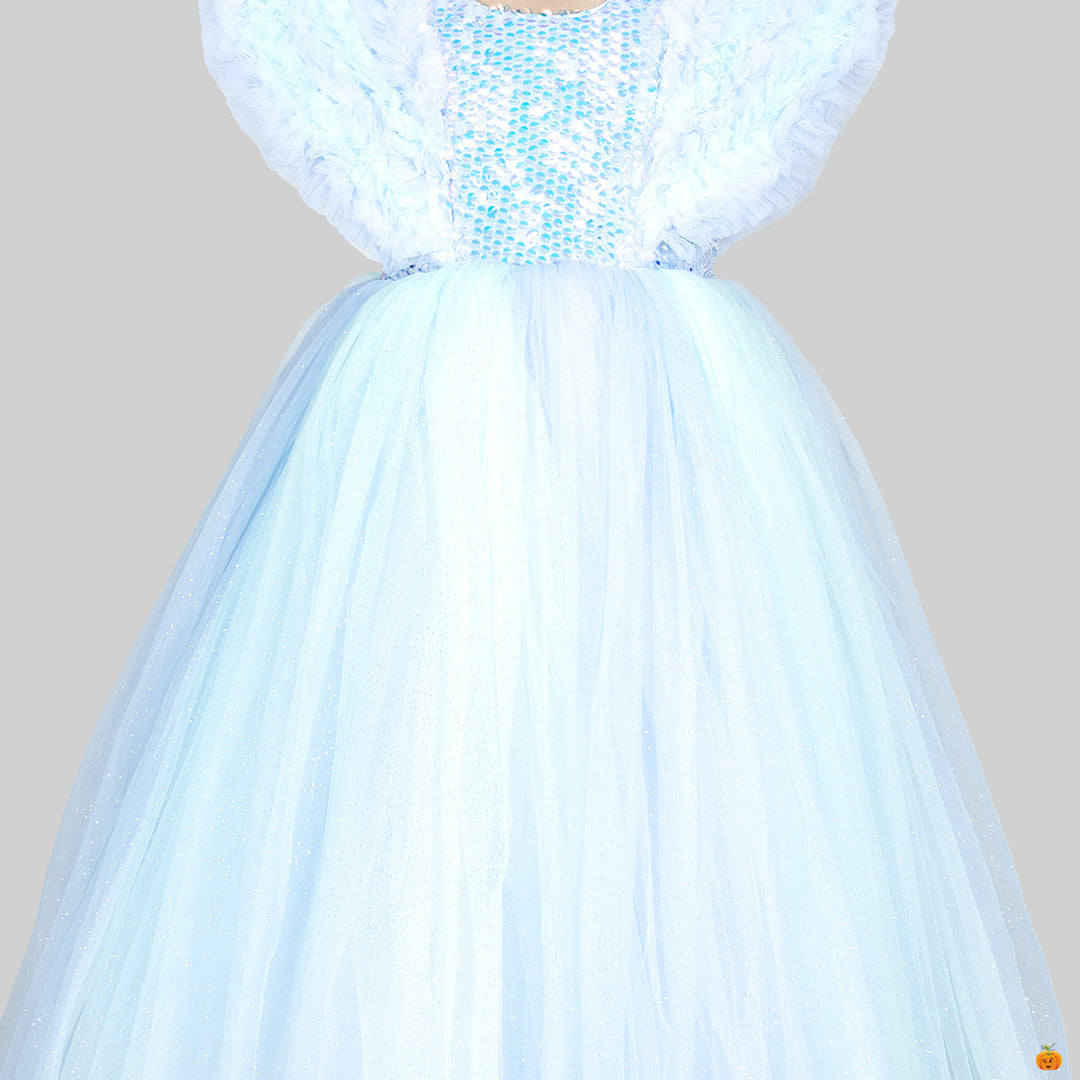 Turquoise Ruffled Sleeves Girls Gown Close Up View