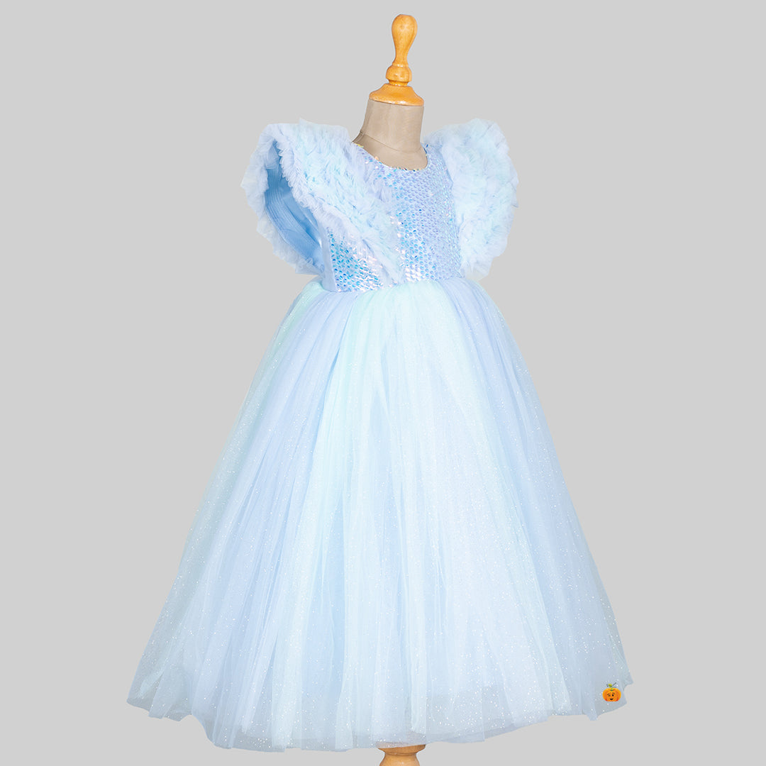 Turquoise Ruffled Sleeves Girls Gown Side View