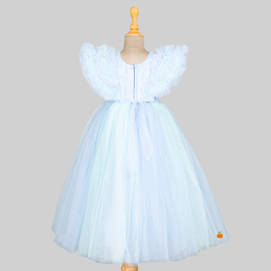 Turquoise Ruffled Sleeves Girls Gown Back View