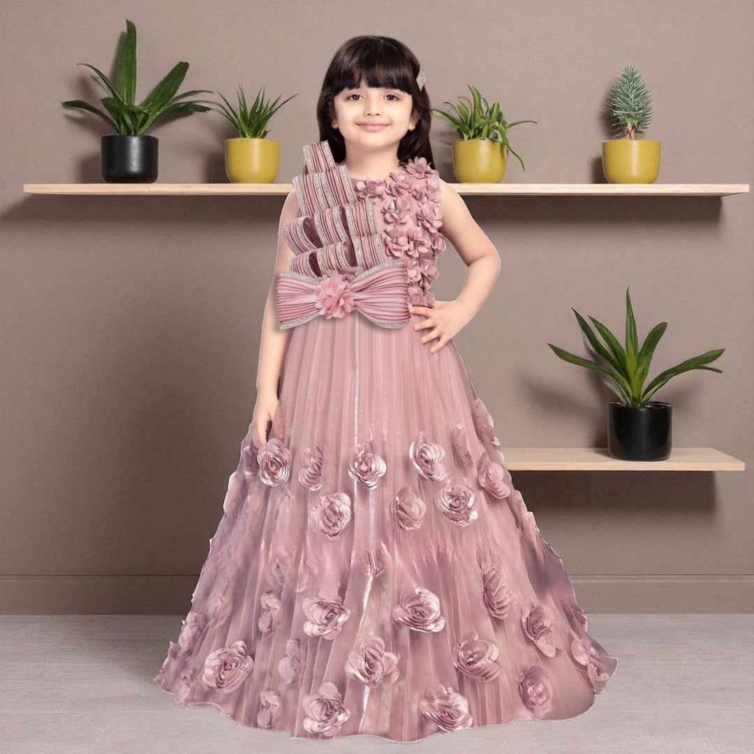 Onion Pink Floral Work Long Gown for Girls 