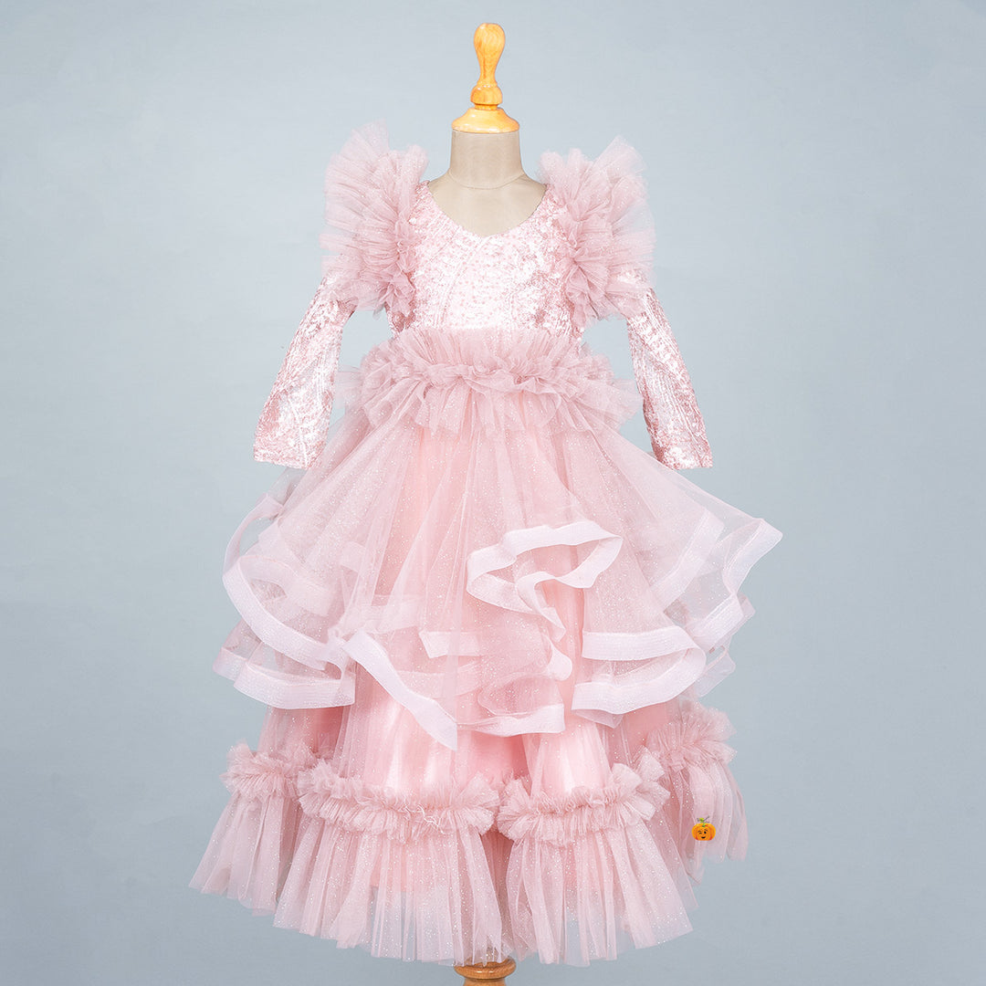 Onion Flared Net & Sequin Pattern Girls Gown Front 