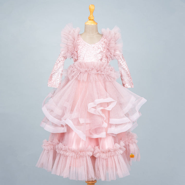 Onion Flared Net & Sequin Pattern Girls Gown Front 