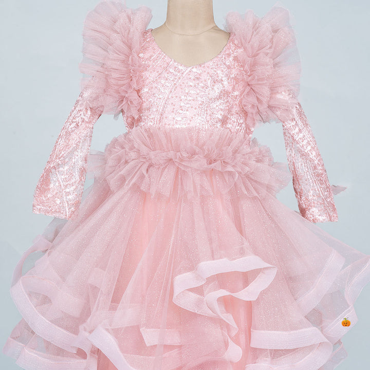 Onion Flared Net & Sequin Pattern Girls Gown Close Up 