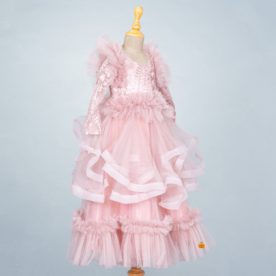 Onion Flared Net & Sequin Pattern Girls Gown Side 