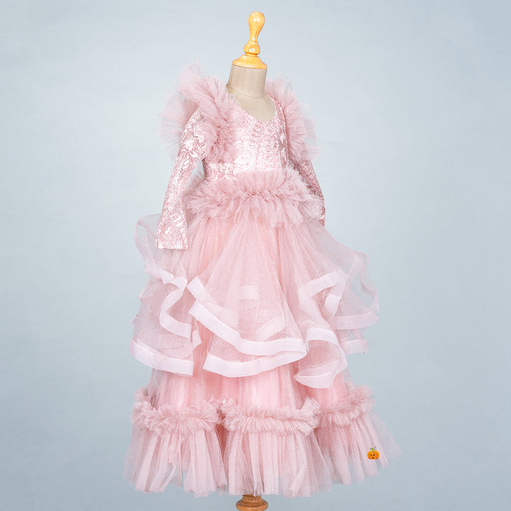 Onion Flared Net & Sequin Pattern Girls Gown Side 