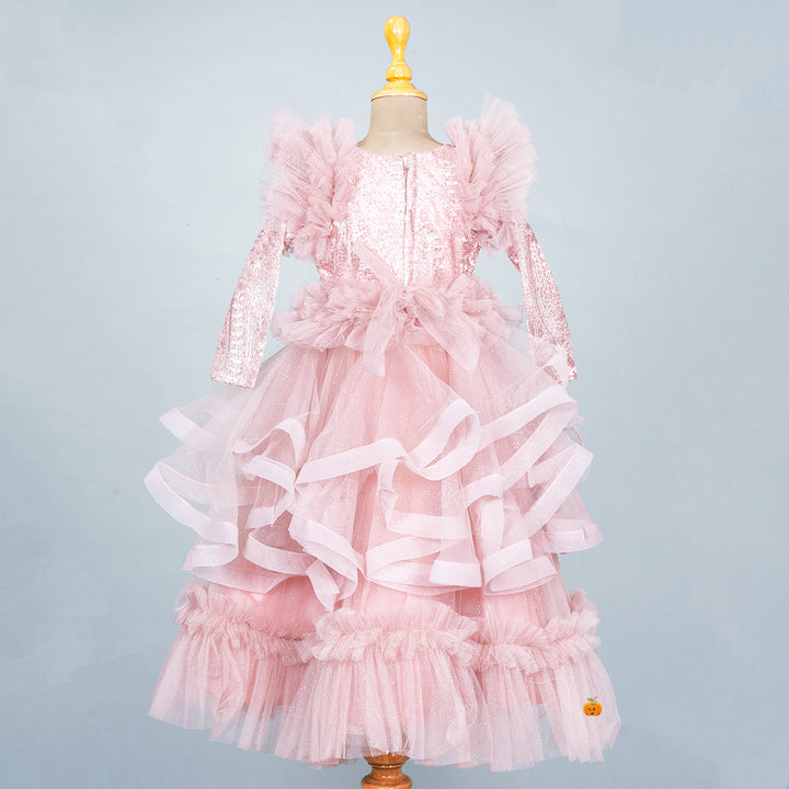 Onion Flared Net & Sequin Pattern Girls Gown Back 