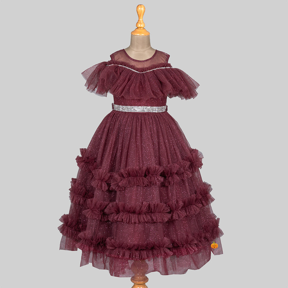 Brown Glittery Layered Frill Gown for Girls Front 