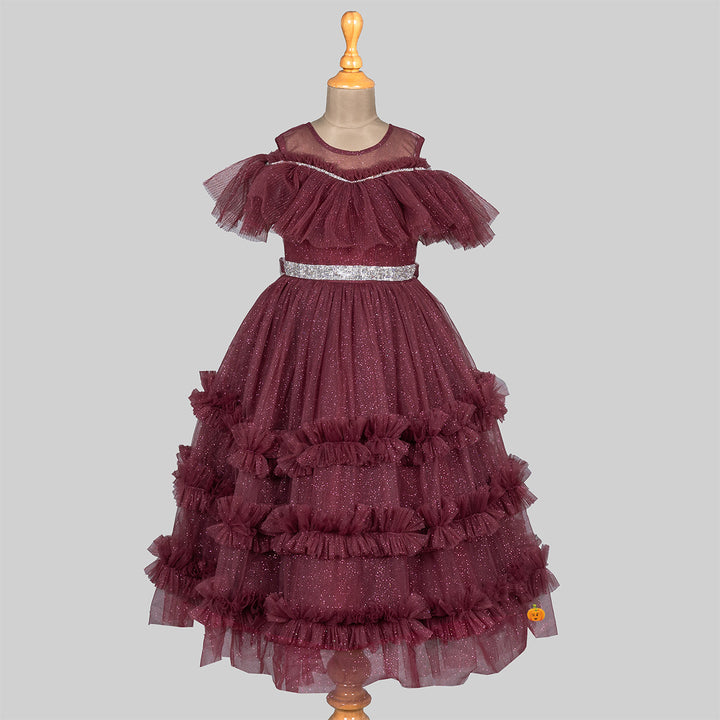 Brown Glittery Layered Frill Gown for Girls Front 