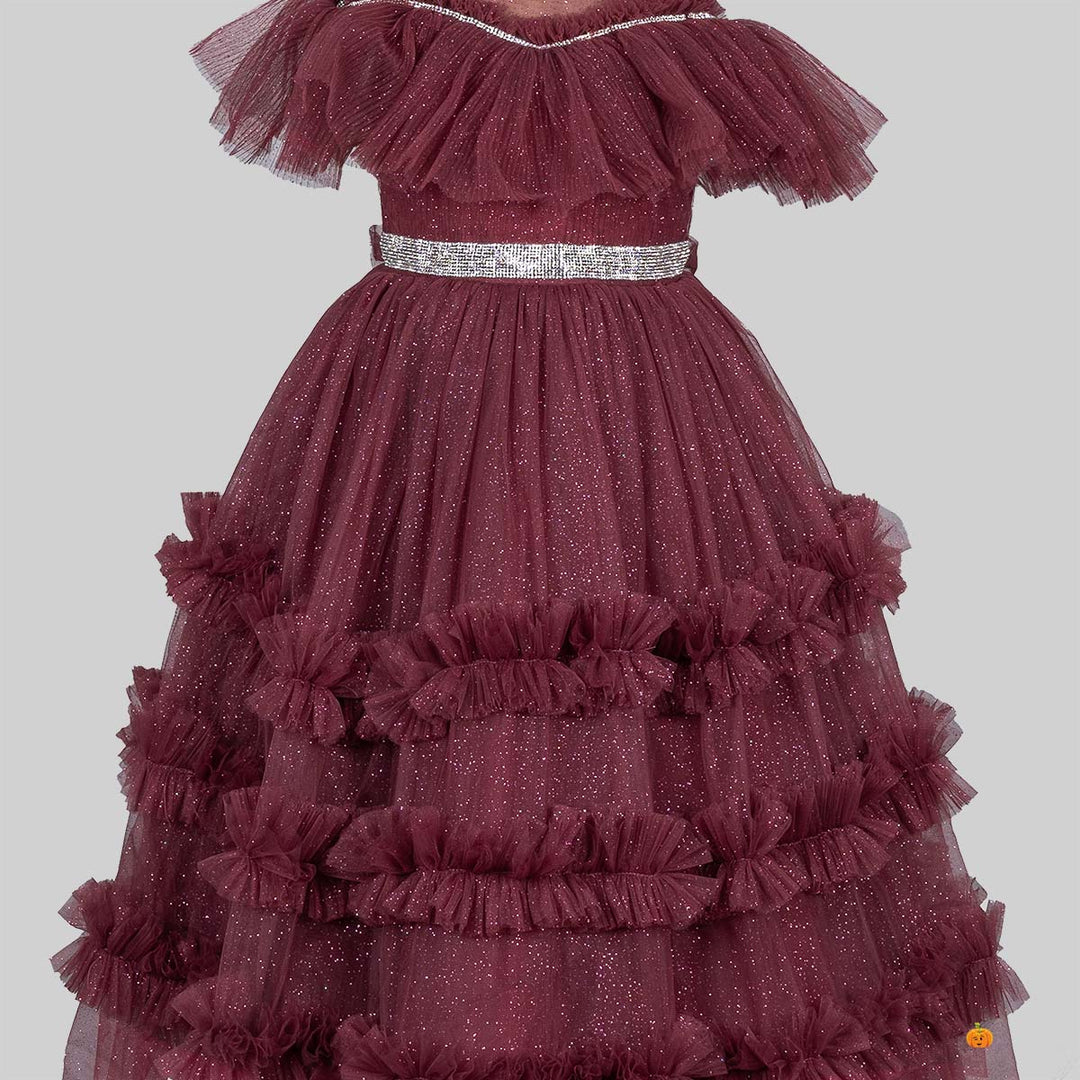 Brown Glittery Layered Frill Gown for Girls Close Up 