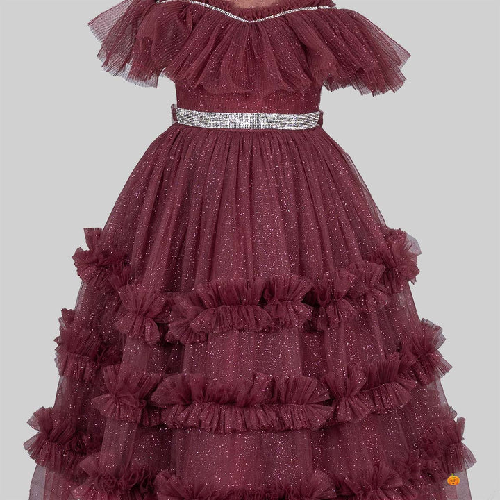 Brown Glittery Layered Frill Gown for Girls Close Up 