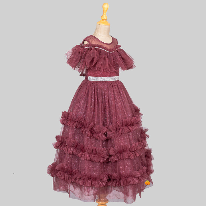 Brown Glittery Layered Frill Gown for Girls Side 