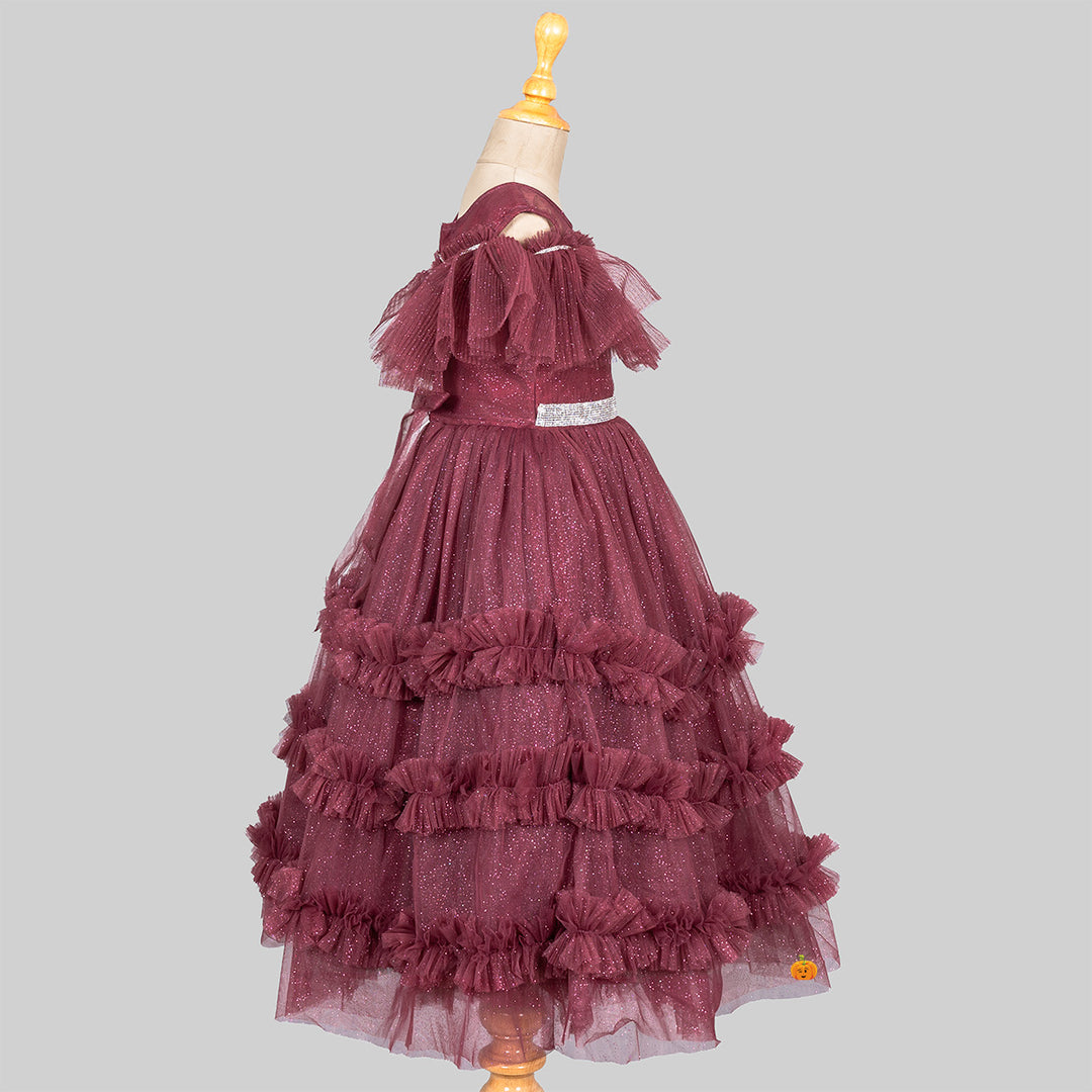 Brown Glittery Layered Frill Gown for Girls Side 