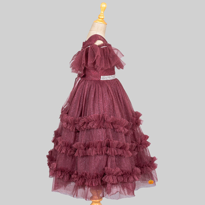 Brown Glittery Layered Frill Gown for Girls Side 