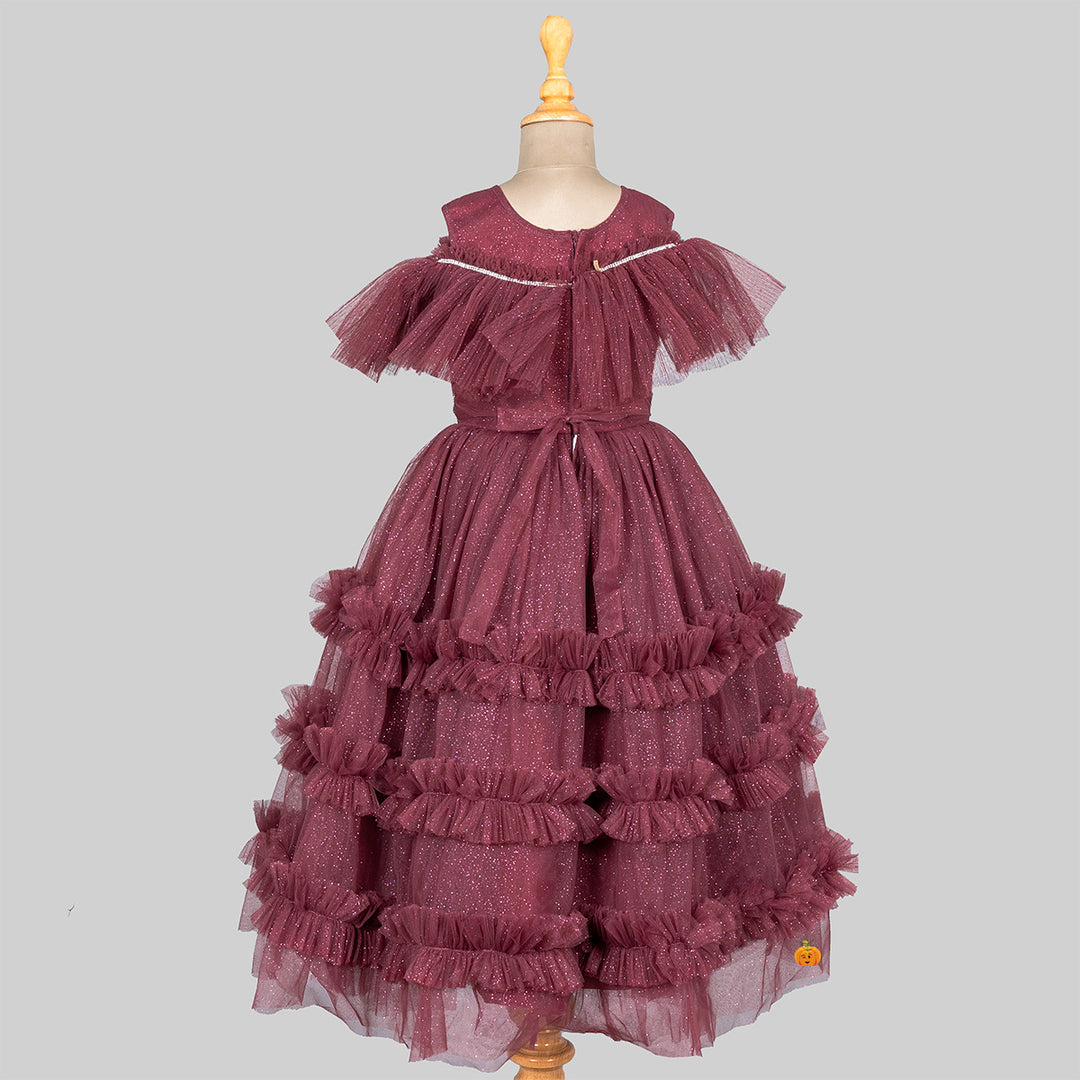 Brown Glittery Layered Frill Gown for Girls Back 