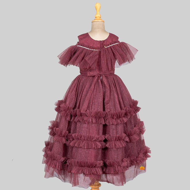 Brown Glittery Layered Frill Gown for Girls Back 