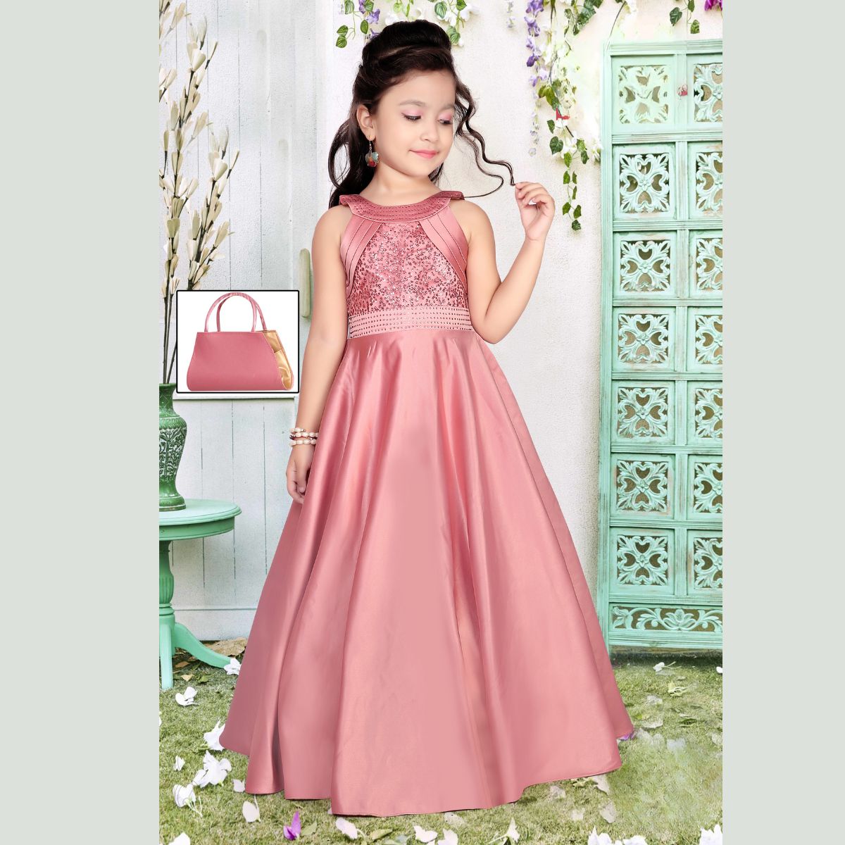 Hariyal Creation kids party/festive firozi designer long gown dress for  girls