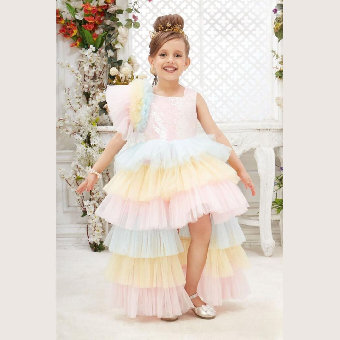 Multi High Low Sequin Layered Girls Gown Front 