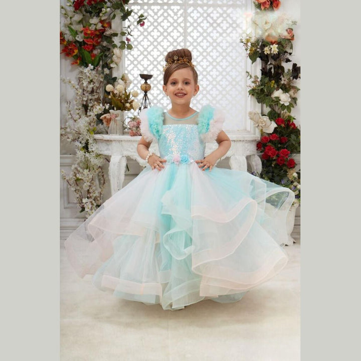 Turquoise Sequin Long Girls Gown Front 