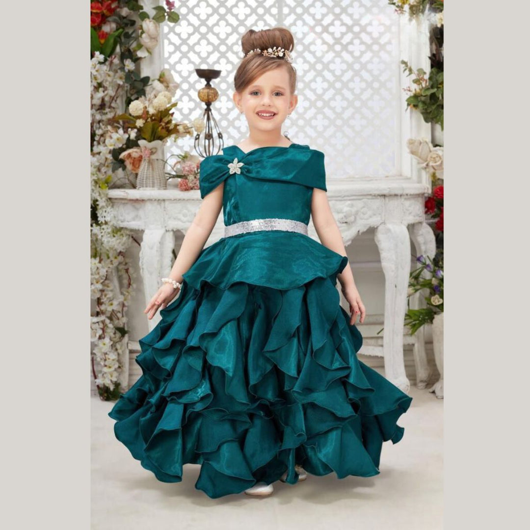 Off-shoulder Frill Gown for Girls Front 