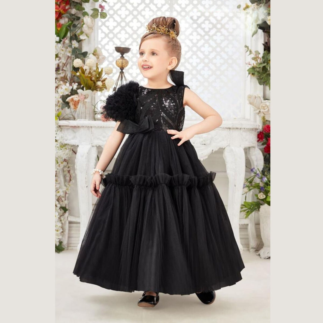 Black Pleated Gown for Girls Front 