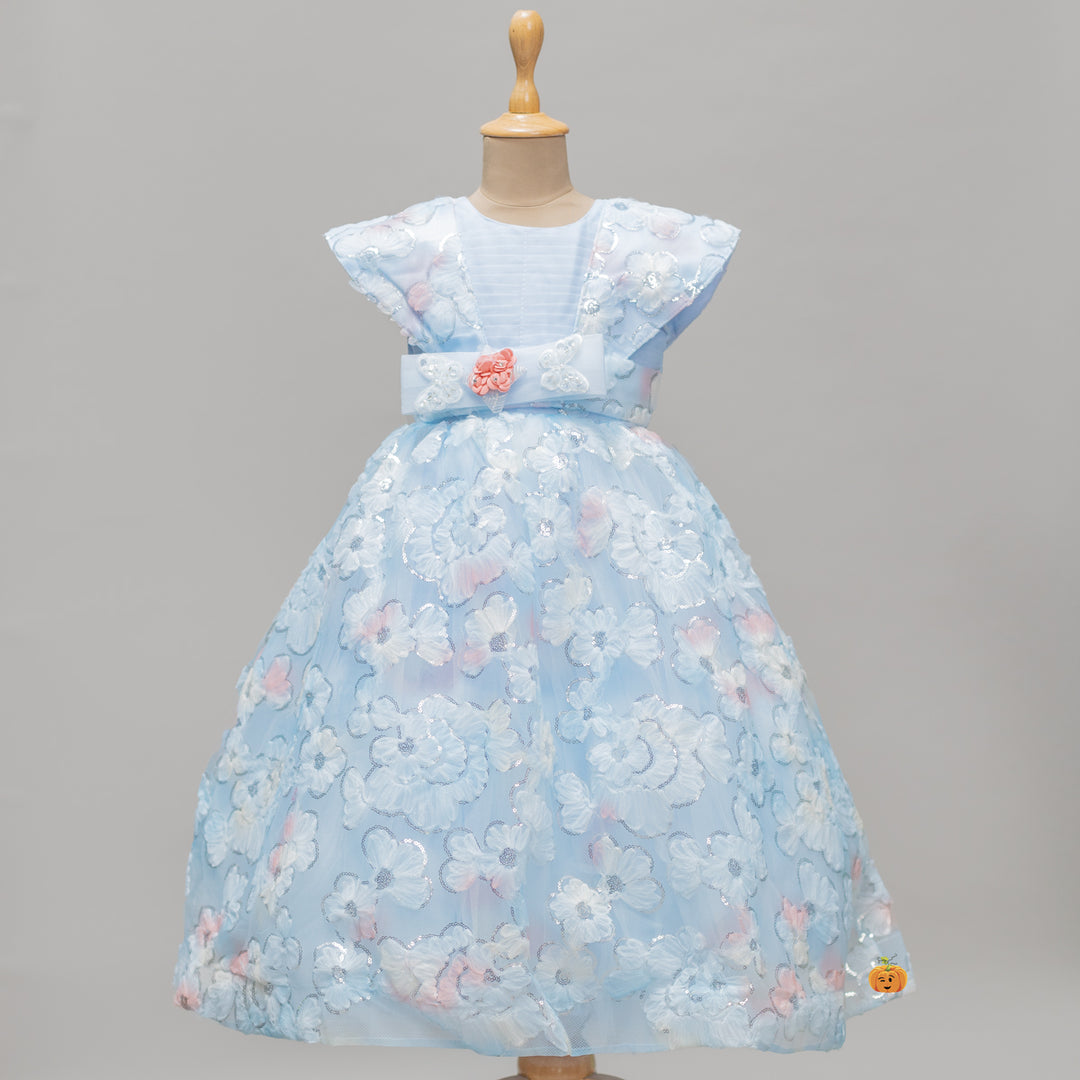 Turquoise Sequin Floral Girls Gown