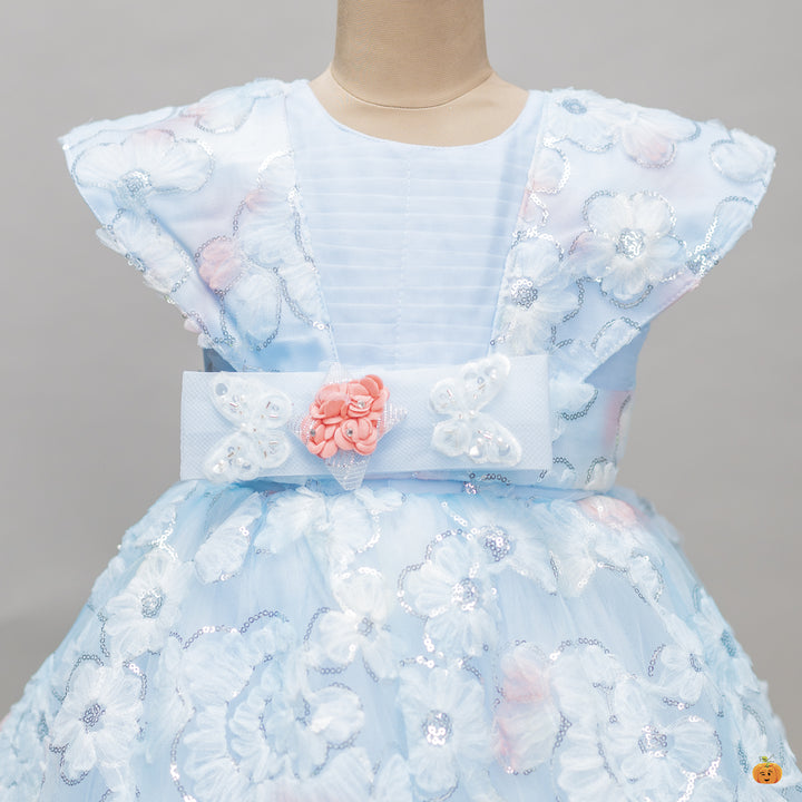 Turquoise Sequin Floral Girls Gown