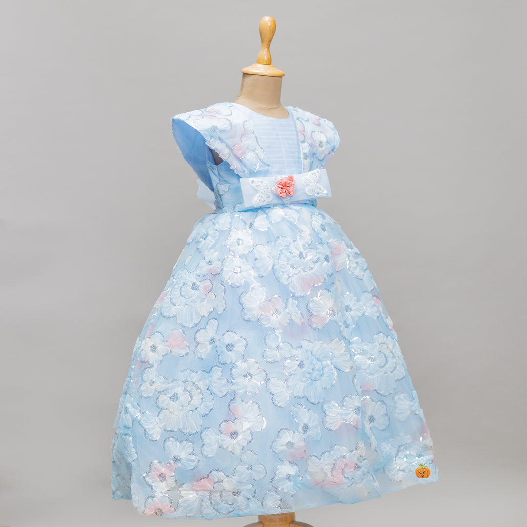 Turquoise Sequin Floral Girls Gown