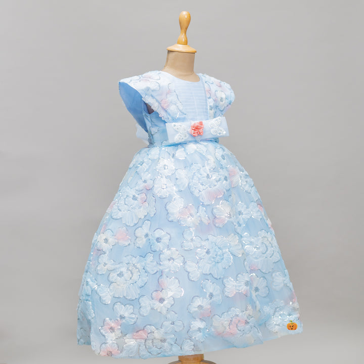 Turquoise Sequin Floral Girls Gown