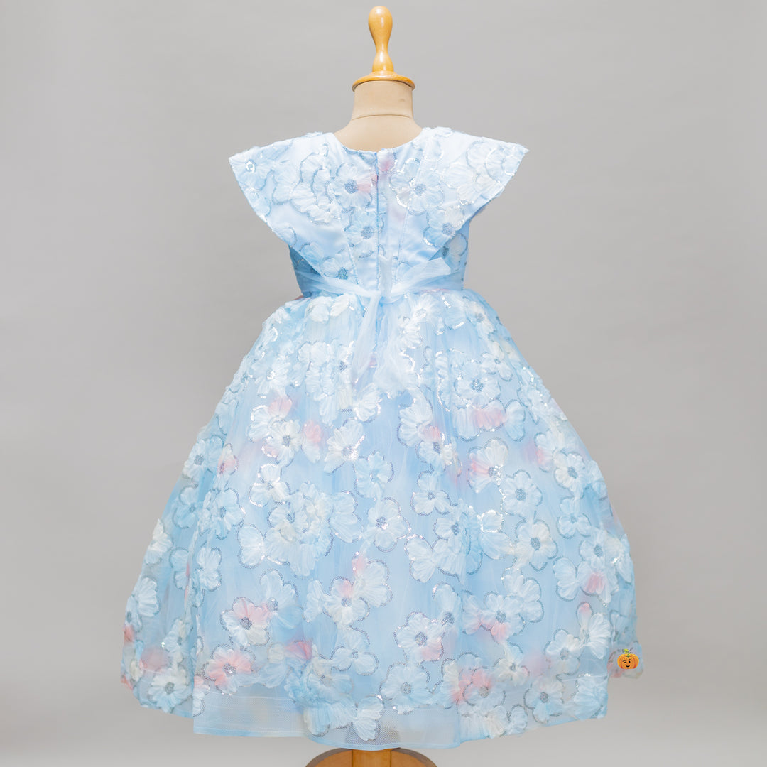 Turquoise Sequin Floral Girls Gown