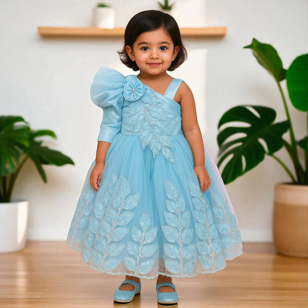 Sky Blue Puff Sleeve Gown for Girls