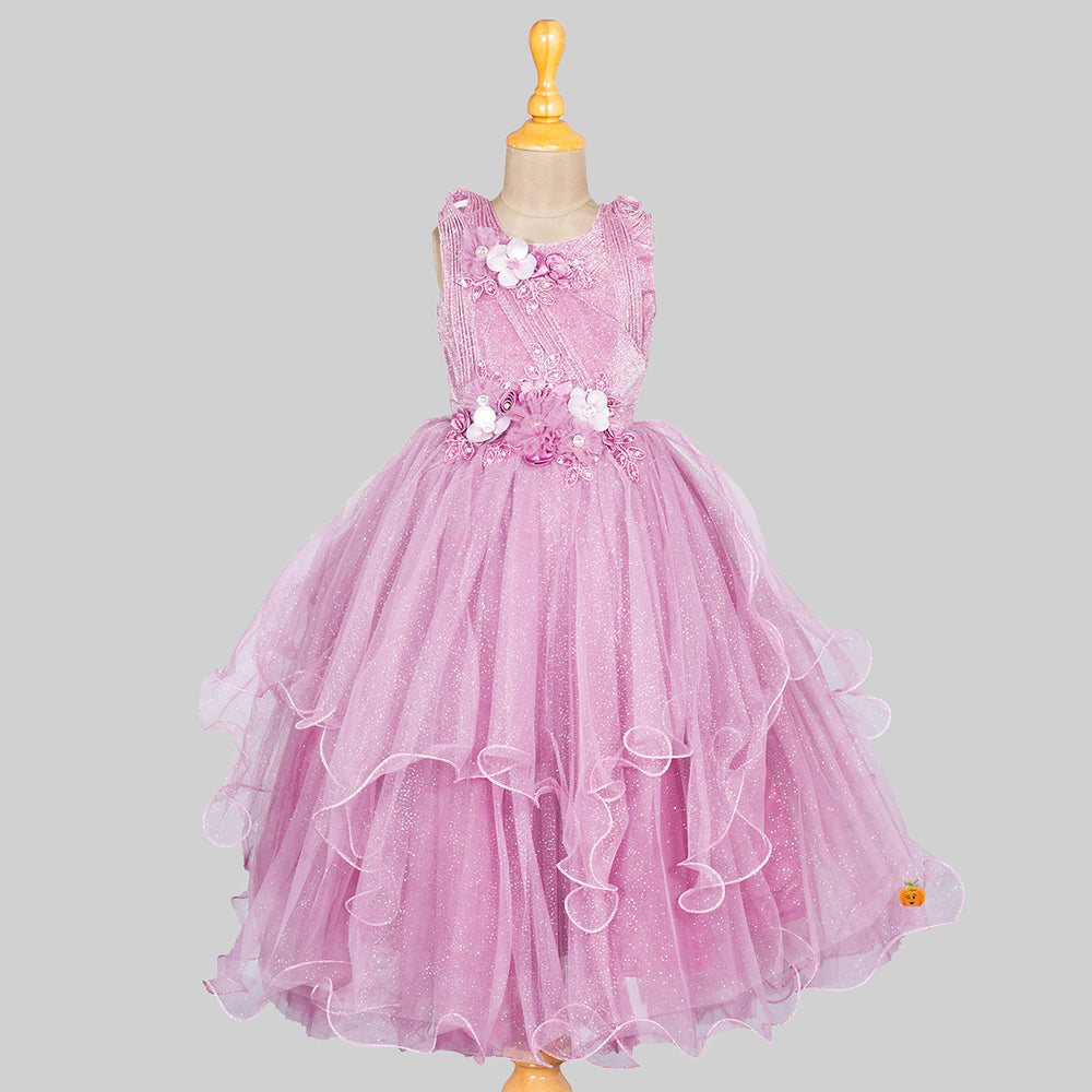 Onion Glittery Curly Net Girls Gown Front View