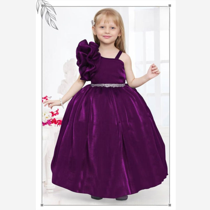 Wine Ruffled Sleeves Girls Gown Front 