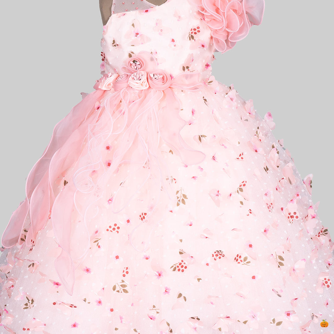 Peach Scattered Flower Gown for Girls Close Up 