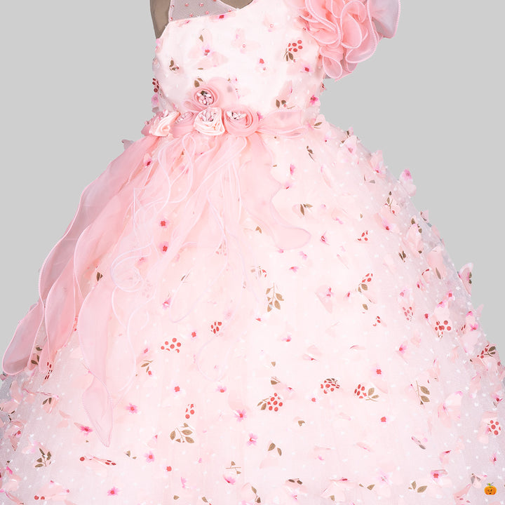 Peach Scattered Flower Gown for Girls Close Up 