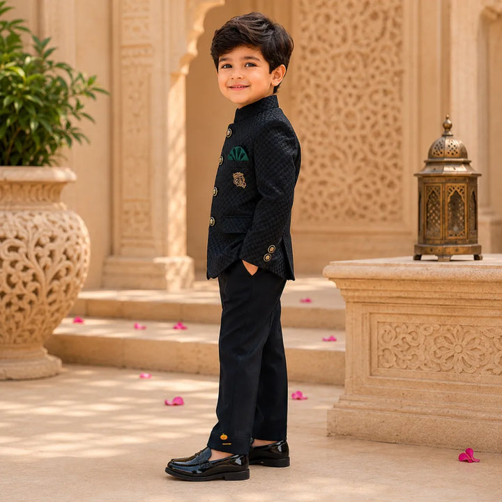 Green Check Pattern Boys Jodhpuri Suit