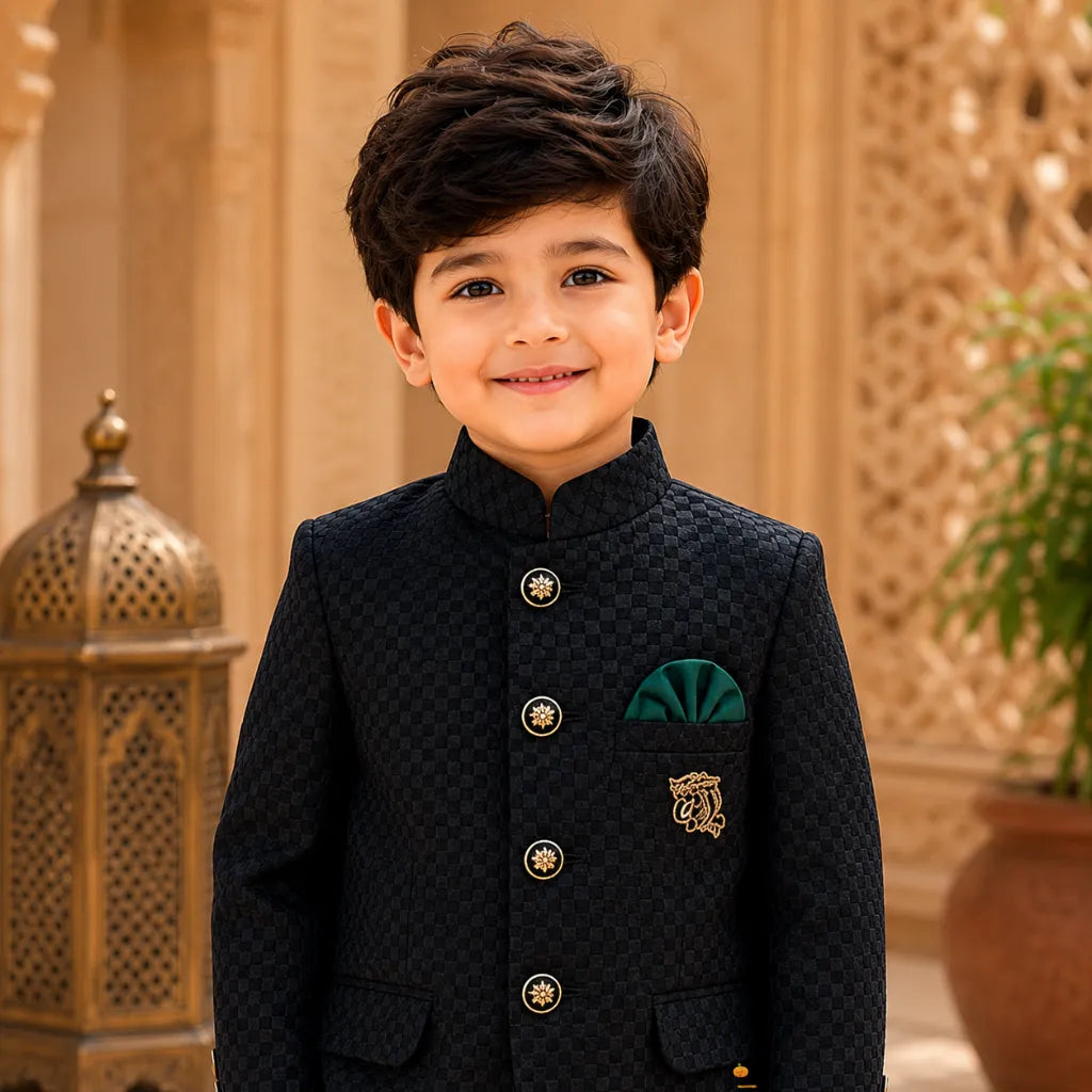 Green Check Pattern Boys Jodhpuri Suit