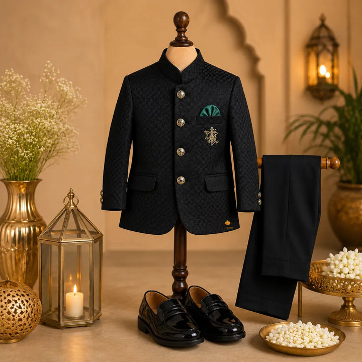 Green Check Pattern Boys Jodhpuri Suit